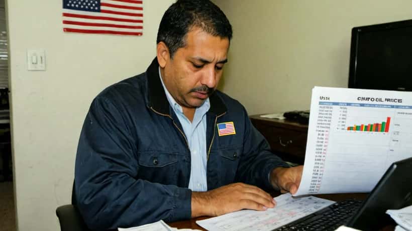Hombre latino en oficina en casa revisando portafolio financiero y precios del petróleo en pantalla