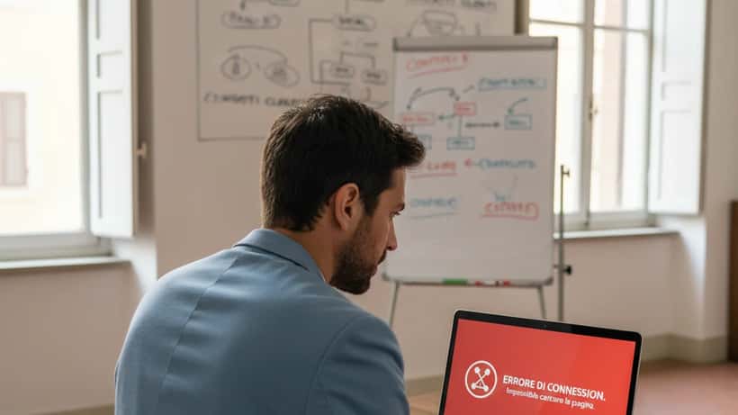 Imprenditore italiano preoccupato davanti a laptop con errore Meta in un ufficio romano