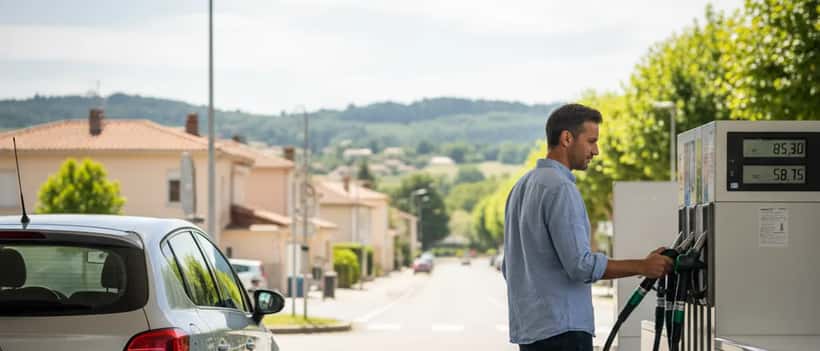 Personne vérifiant le prix du carburant à une station-service Leclerc en France