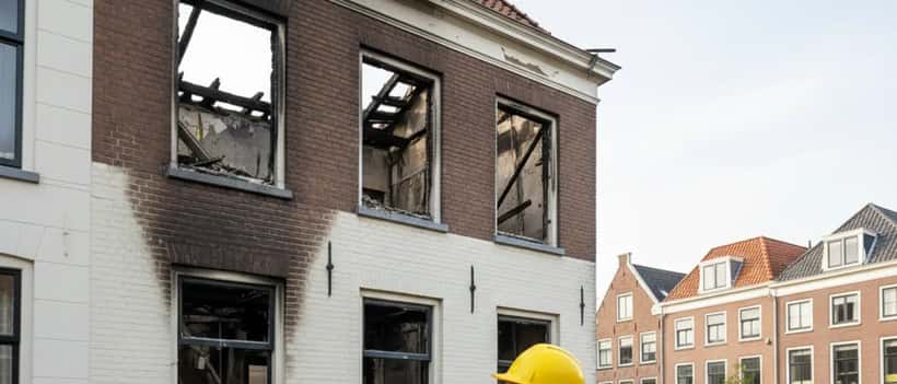 Aannemer inspecteert brandschade aan gebouw in IJsselstein