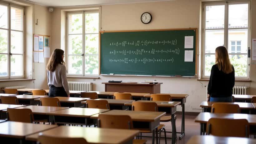 Salle de classe vide dans un collège français, tableau noir avec équations inachevées, symbolisant la pénurie d'enseignants à la rentrée 2026