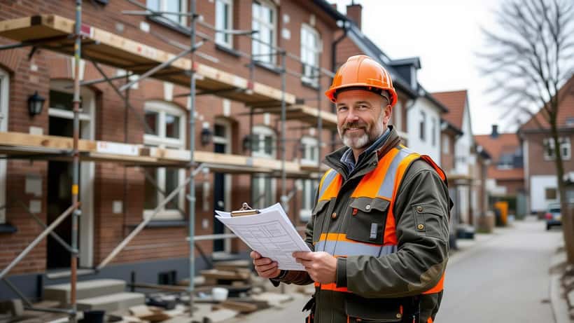 Dansk håndværker gennemgår renoveringsplaner foran murermesterhus i lille dansk by 2026