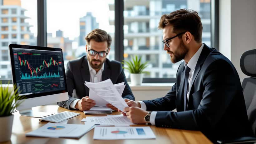 Lawyer reviewing investment fraud documents with falsified trading statements for Ponzi scheme victims in Canada