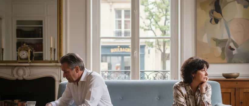 Couple français assis à distance l'un de l'autre sur un canapé, atmosphère tendue