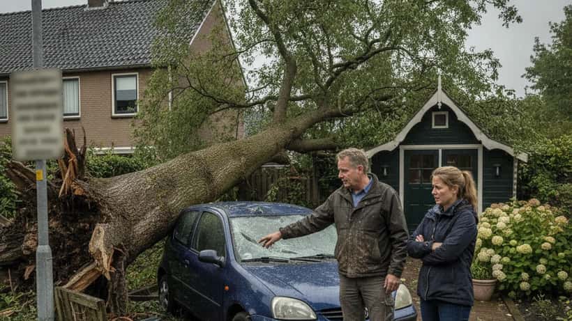 Omgevallen boom op auto in Nederlandse tuin, stormschade aansprakelijkheid buurman