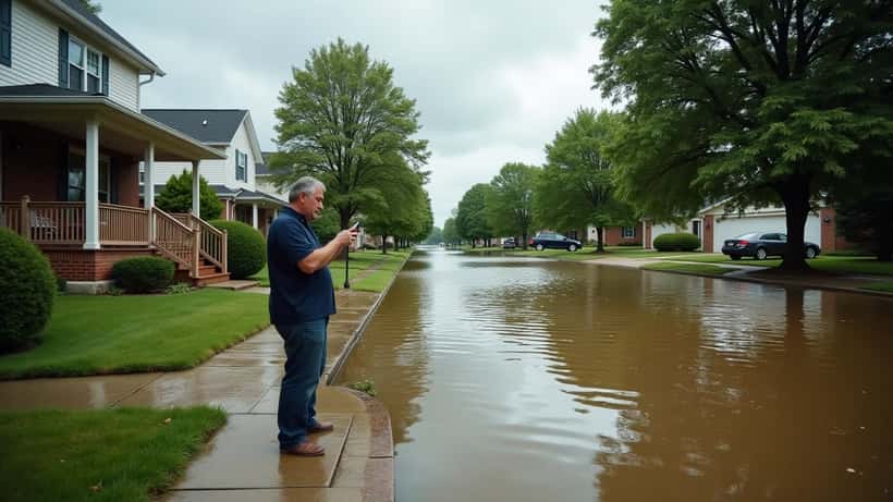 Flooded suburban street with brown floodwater reaching home front porch in the US Midwest after flash flood warning