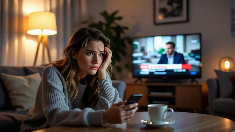 Anxious woman at night lit by her phone showing an Iran war breaking-news alert in an Australian living room