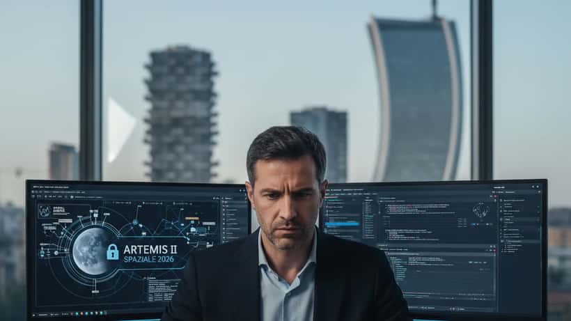 Professionista IT in ufficio a Milano analizza dashboard di cybersecurity su doppio monitor