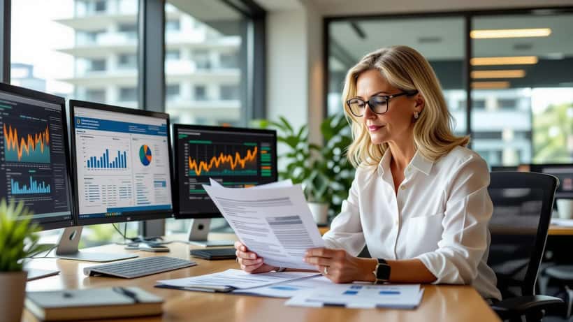 Australian financial adviser reviewing ASIC superannuation compliance documents at a Sydney office desk