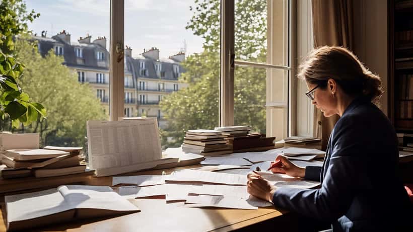 Avocate en droit du travail consultant le Code du travail avec un calendrier montrant le 1er mai