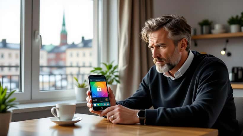 Person kontrollerar väderapp integritetsinställningar på smartphone, GDPR och dataskydd Sverige