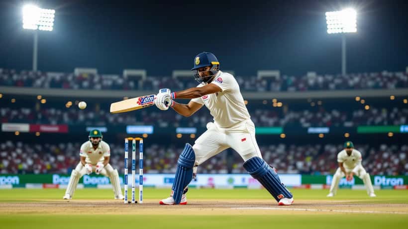 Joueur de cricket en phase de frappe dans un stade illuminé lors d'un match IPL 2026