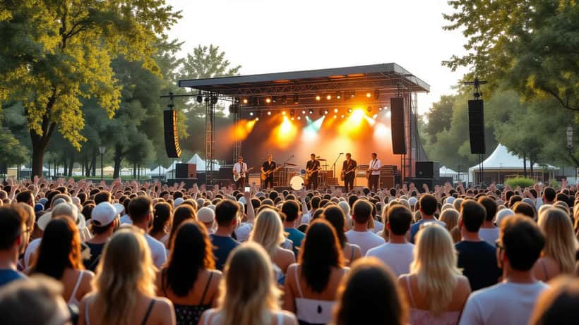 Open-Air-Konzert im Düsseldorfer Park bei Sonnenuntergang, Sommer 2026
