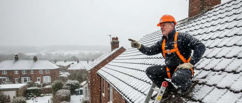 British tradesman inspecting roof tiles on a residential house during heavy snowfall