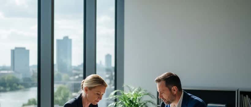 Professioneller deutscher Vermögensberater sitzt einem Mann Mitte 40 gegenüber in einem modernen Büro, beide sehen auf Dokumente
