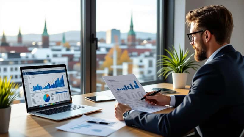 Formuesrådgiver gjennomgår en investeringsplan med en klient på et kontor i Oslo