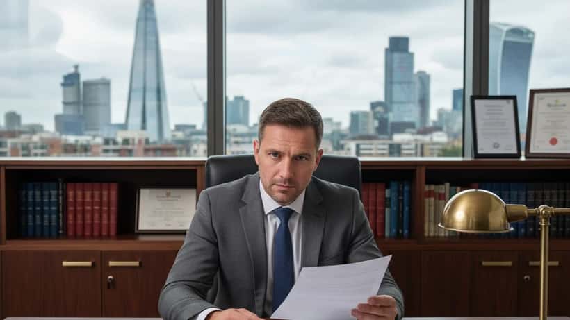 British solicitor reviewing cruise cancellation documents in a London law office