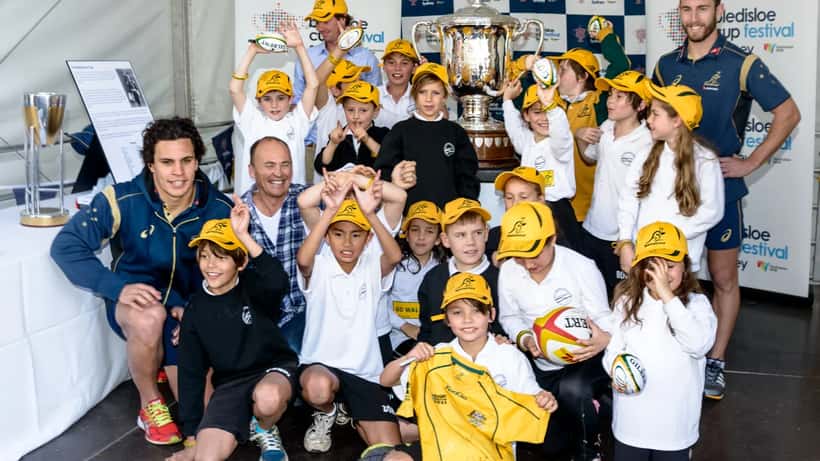 Bledisloe Cup trophy on display with fans in Sydney