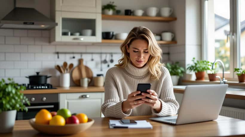 Frau schaut auf Smartphone mit gefälschter Paket-SMS, Kreditkarte auf dem Tisch – Smishing-Betrug Deutschland 2026
