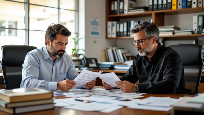 Trabalhador consultando documentos do FGTS e rescisão de contrato com advogado trabalhista