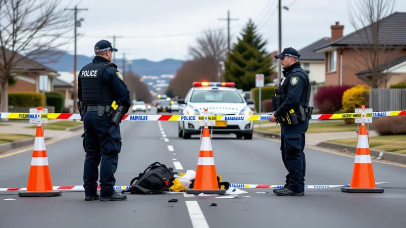 Police and emergency responders at a road barrier on a suburban Newcastle NSW street after a crowd crash incident