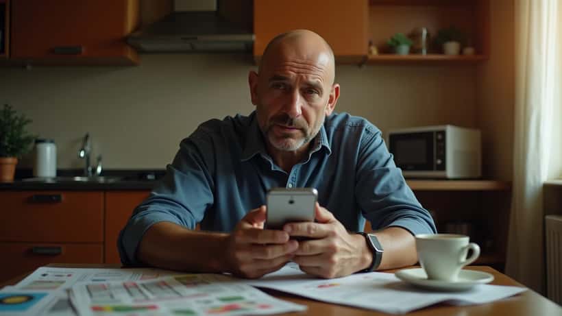 Uomo italiano preoccupato con smartphone che mostra app di scommesse e estratti conto bancari sul tavolo di cucina