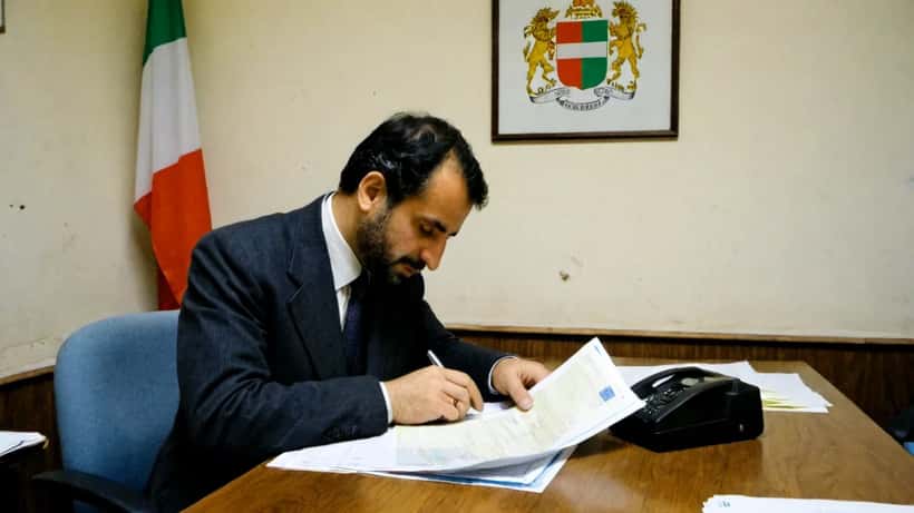 Giovane italiano legge documento ufficiale in ufficio comunale