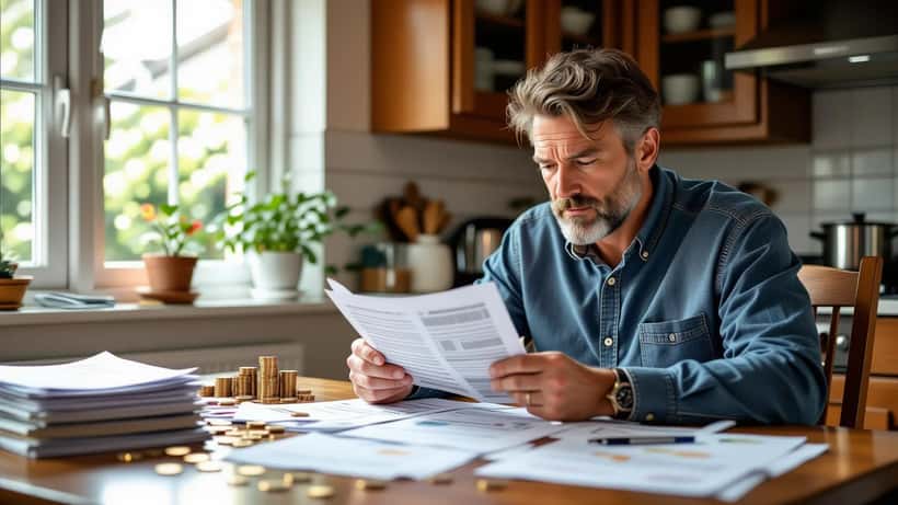 British man reviewing financial paperwork at kitchen table with lottery ticket and pound coins