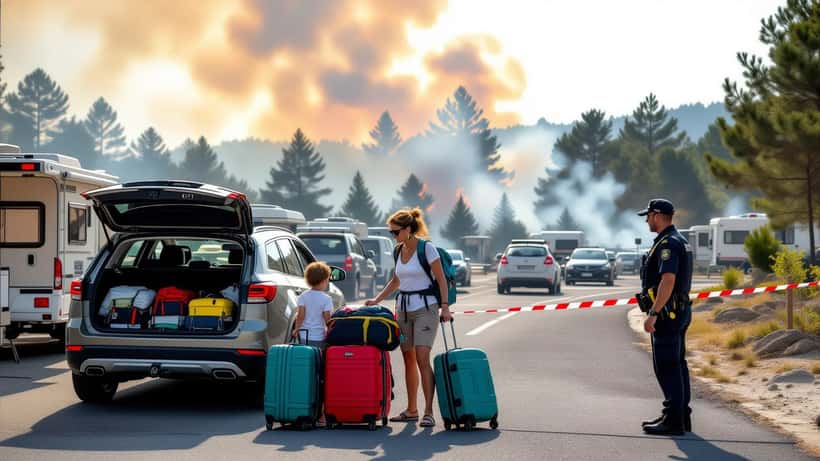 Familie belädt Auto auf Campingplatz bei Bordeaux, Waldbrand-Rauch steigt im Hintergrund auf