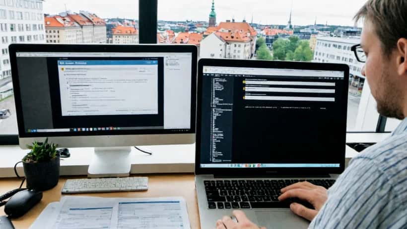Ung person studerar digitala kurser på laptop på ett modernt kontor