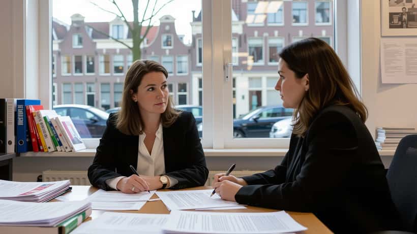 Nederlandse vrouw overlegt met advocaat over juridische bescherming bij partnergeweld, Amsterdam kantoor