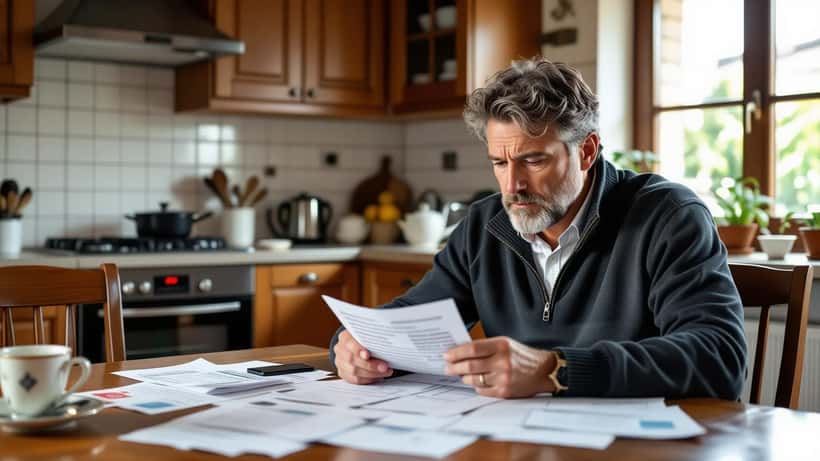 Homme consultant des tickets PMU et un budget financier à une table, illustrant les risques des paris hippiques