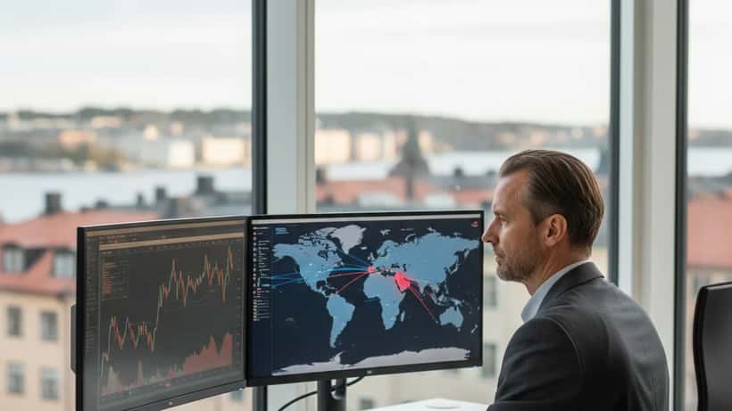 Svensk finansiell rådgivare analyserar globala handelsrutter och marknadsdata på dubbla skärmar i ett modernt Stockholms-kontor