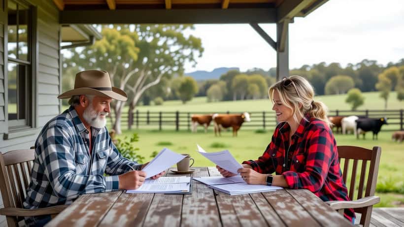 Australian farm couple reviewing succession and estate planning documents on farmhouse veranda in Queensland