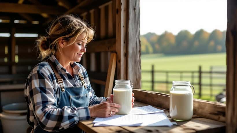 Dairy farmer examining raw milk jar with test results and legal papers in Pennsylvania barn