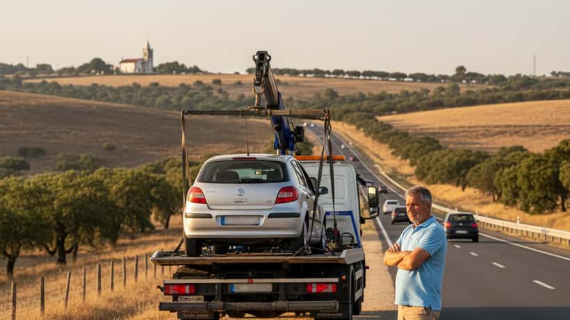 Caminhão reboque levantando um carro avariado numa estrada do Alentejo durante a Páscoa