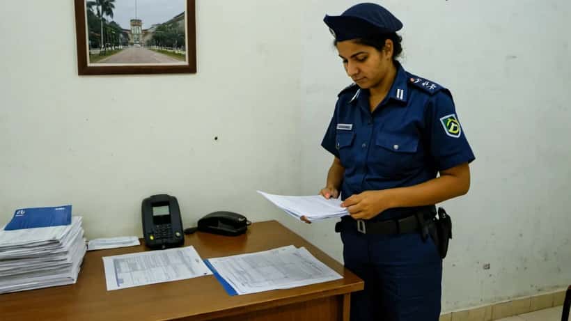 Guarda municipal brasileiro revisando documentos em escritório público