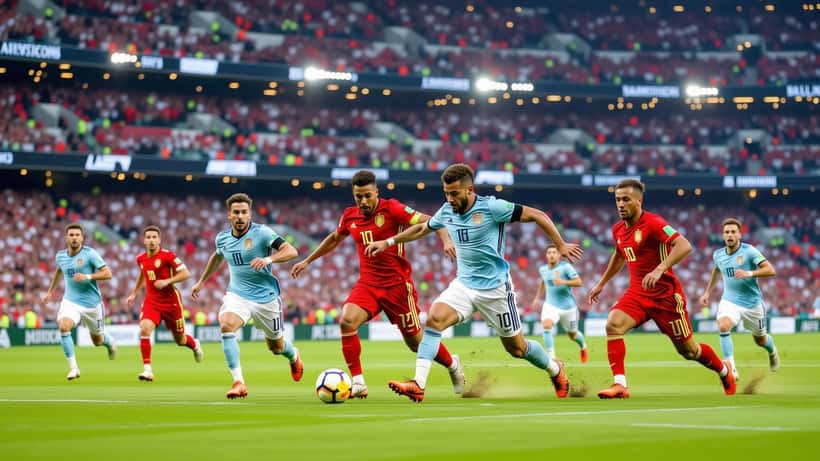 Spain and Belgium players competing in an international football match at a packed stadium in 2026