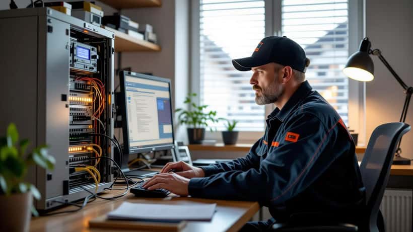 Technicien examinant un onduleur UPS et des appareils électroniques après la panne de courant à Bienne le 12 juin 2026