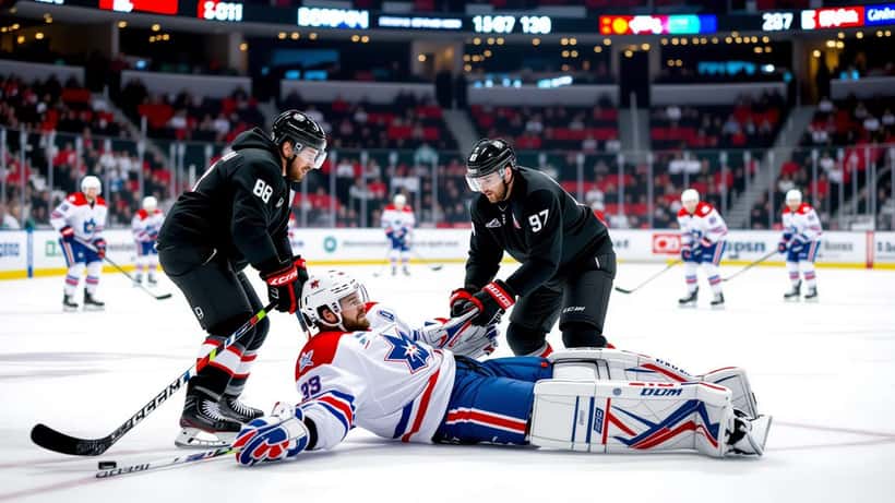 Joueur de hockey suisse recevant des soins médicaux sur la glace après une chute à la patinoire