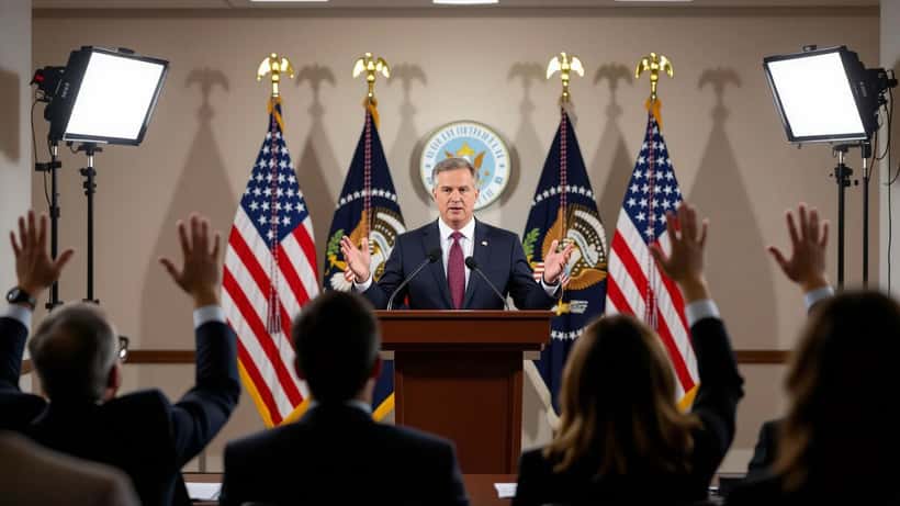 Press secretary at a lectern facing reporters in a briefing room