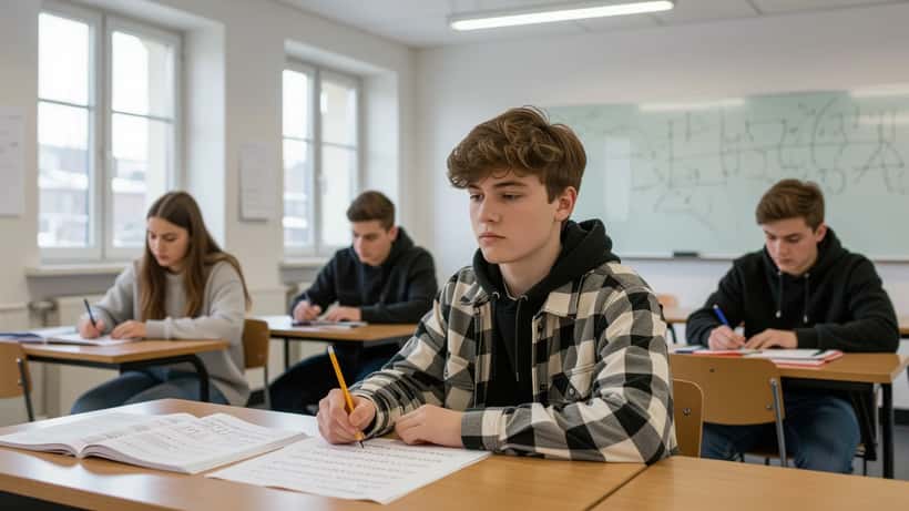 15-årig elev vid skolbänk studerar matematikprov med bekymrad min, Stockholm klassrum