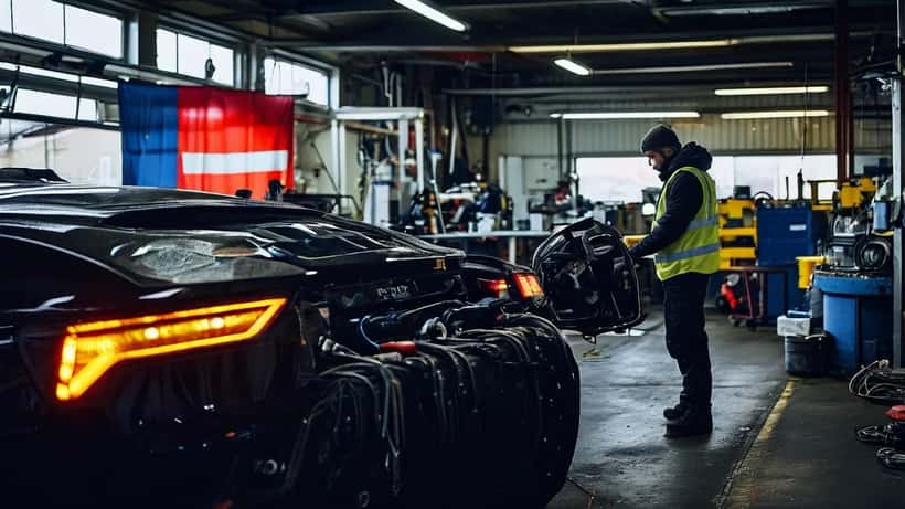 Mekaník í íslenska bílasmiðju skoðar rafbíl