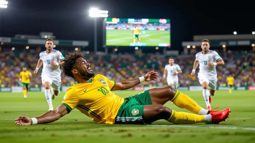 Jogador de futebol caído no gramado com lesão no joelho durante amistoso Brasil x Austrália em Townsville