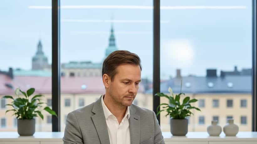 Svensk finansiell rådgivare analyserar konkursstatistik på surfplatta i Stockholmskontor