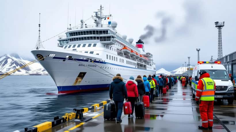 Navire de croisière d'expédition amarré dans un port isolé, passagers descendant la passerelle avec leurs bagages