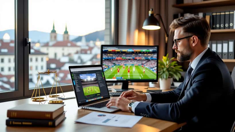 Anwalt prüft Sportwettenvertrag vor Laptop mit Champions-League-Übertragung im Hintergrund
