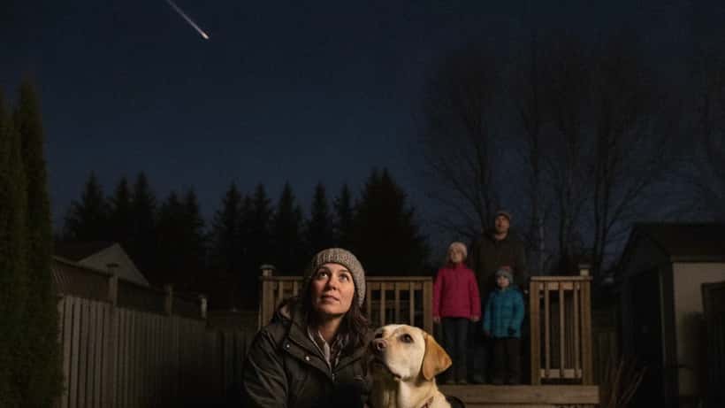 Dog and owner stargazing in dark Canadian backyard during Draconid meteor shower, dog showing signs of anxiety