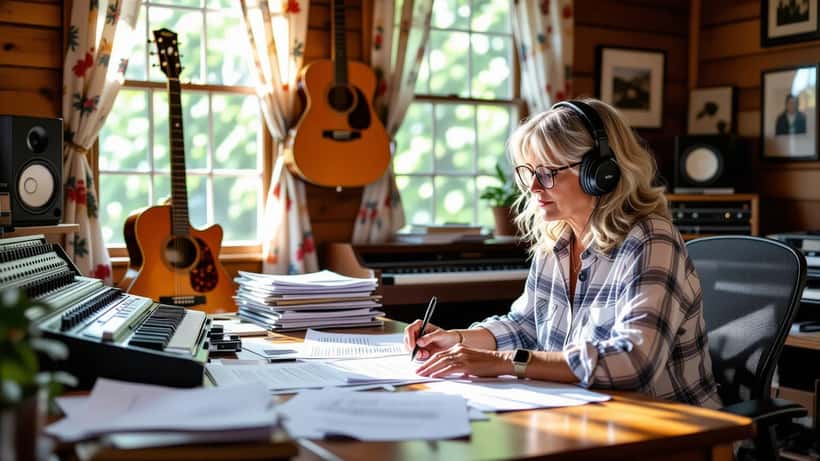 Musiikkialan ammattilainen tutkii tekijänoikeussopimuksia kotistudiossa