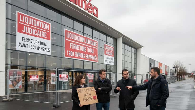 Devanture d'un magasin Alinéa fermé avec panneau de liquidation judiciaire suite à la fermeture du 31 mars 2026